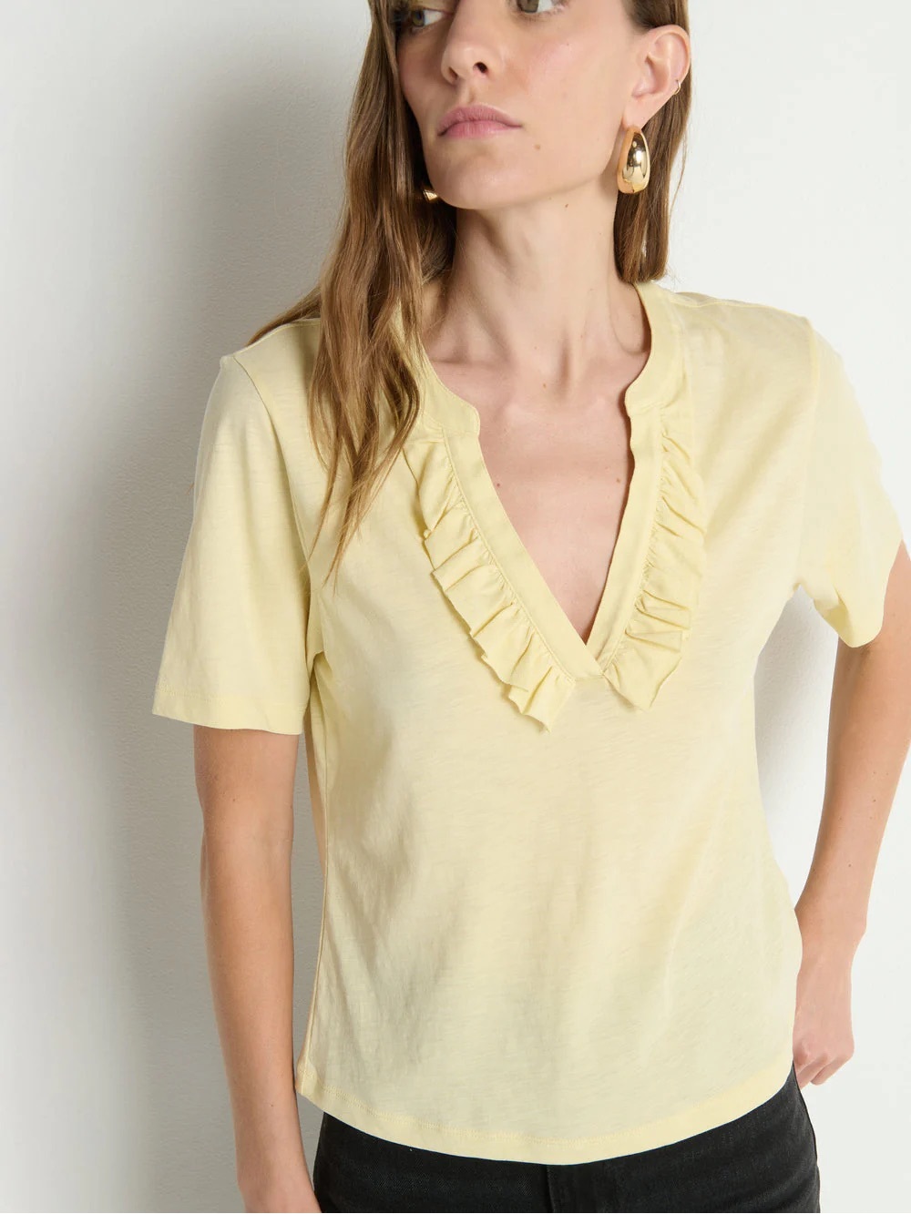 Nation LA Blondie Deep V Short Sleeve 100% Pima Cotton Custard Small NWT